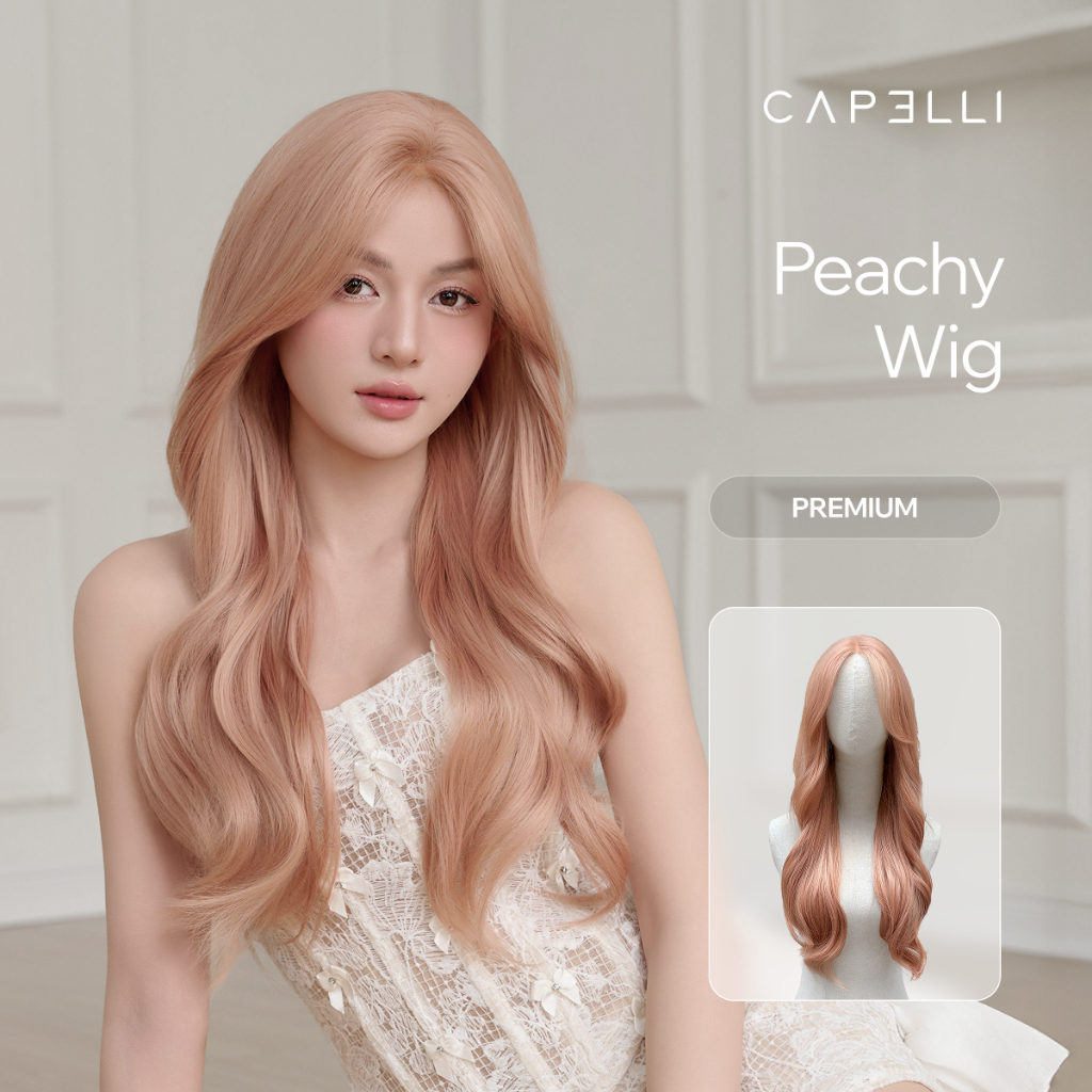 Tóc Giả Nguyên Đầu Siêu Da Lưới Lace CAPELLI Xoăn Lơi Mái Bay Hồng Cam Đào Peachy 65cm Premium Wig