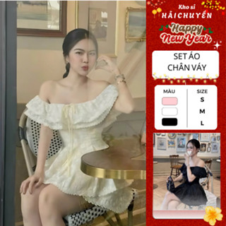  Set áo trễ vai và chân váy xòe ngắn ren hoa Kho sỉ Hải Chuyền Se53 