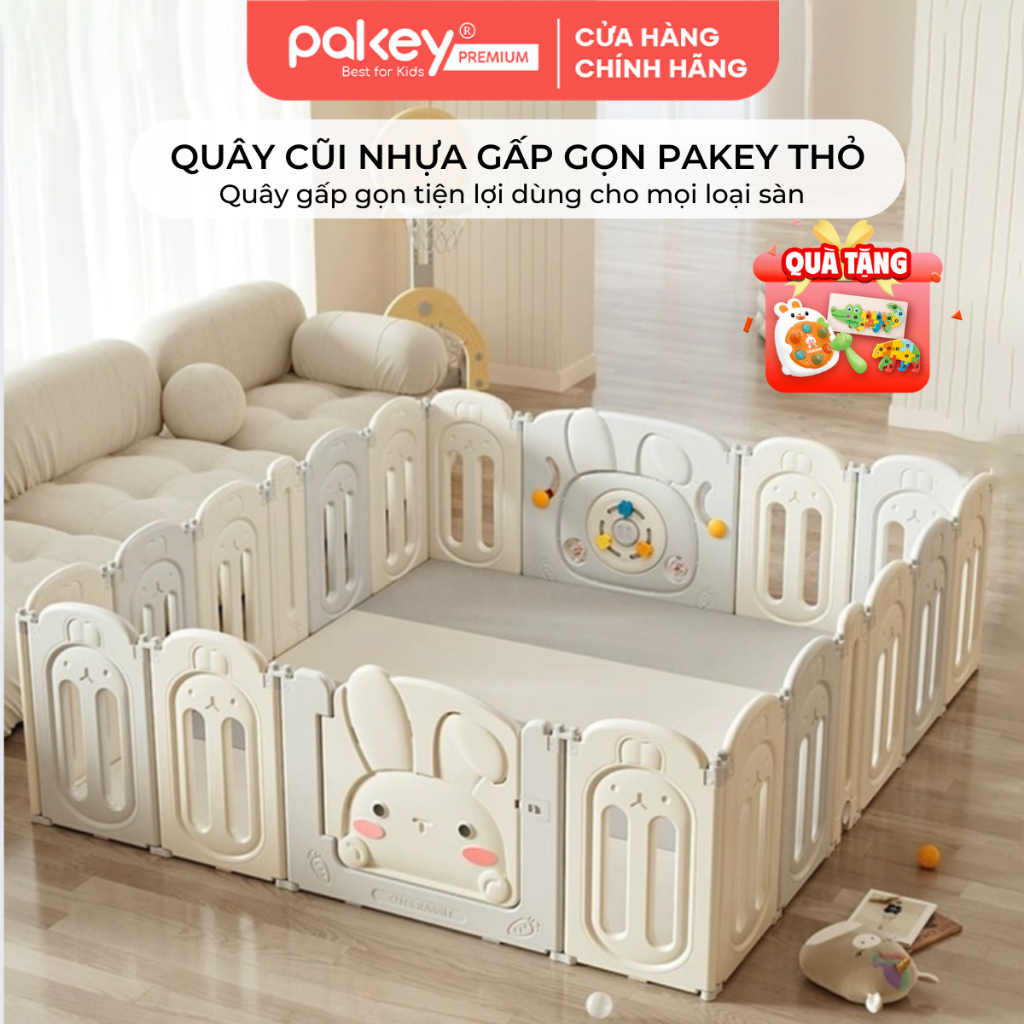 Quây Cũi Nhựa Gấp Gọn Cao Cấp PAKEY Thỏ Tặng Kèm Chong Chóng & 100 Bóng Pastel, Quây Chơi Cho Bé An 