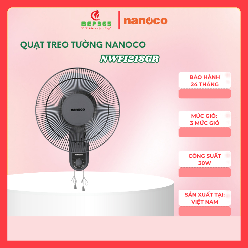 Quạt treo tường Nanoco NWF1218GR – Màu ghi – Đường kính 30cm – 3 cấp độ gió – Bảo hành 24 tháng