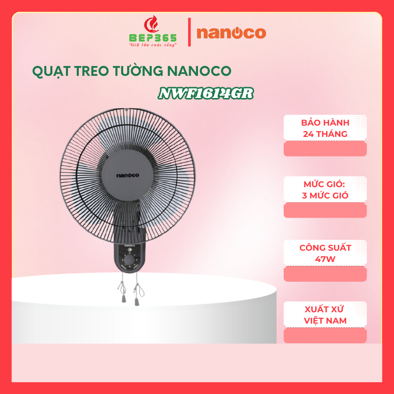Quạt treo tường Nanoco NWF1614GR – 47W – Màu xám – Cánh 40cm – Dây giật – Bảo hành 12 tháng