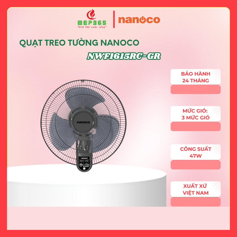 Quạt treo tường Nanoco NWF1615RC-GR – Công suất 47W – Màu xám – Remote điều khiển – Cánh 40cm