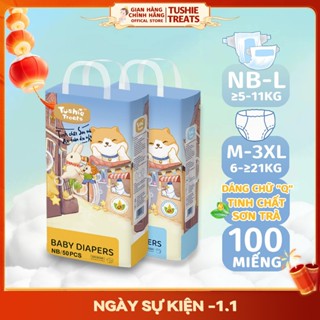  【100 miếng Tushie Treats Bỉm quần tã dán trẻ em cao cấp form chữ Q,bổ sung tinh dầu Sơn Trà,eo đệm mây,đủ size từ NB-3XL 