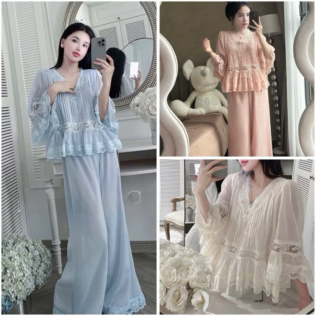 Set đồ bộ, mặc nhà voan xếp ly 2 lớp phối ren tay loe - [Mã #TP20]