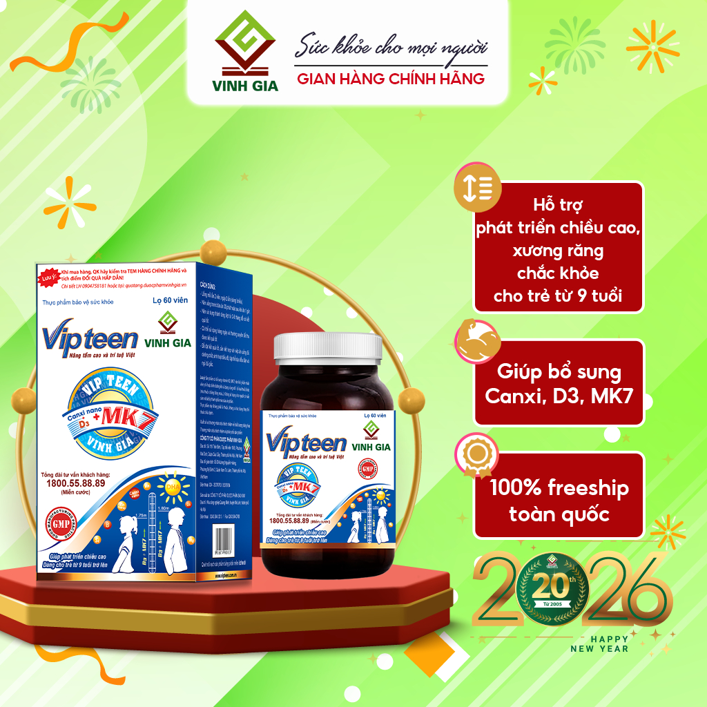 [LỌ MỚI - TIẾT KIỆM HƠN] Viên Uống Hỗ trợ Tăng Chiều Cao Vipteen Vinh Gia cho Trẻ 9 -18 Tuổi (60v)