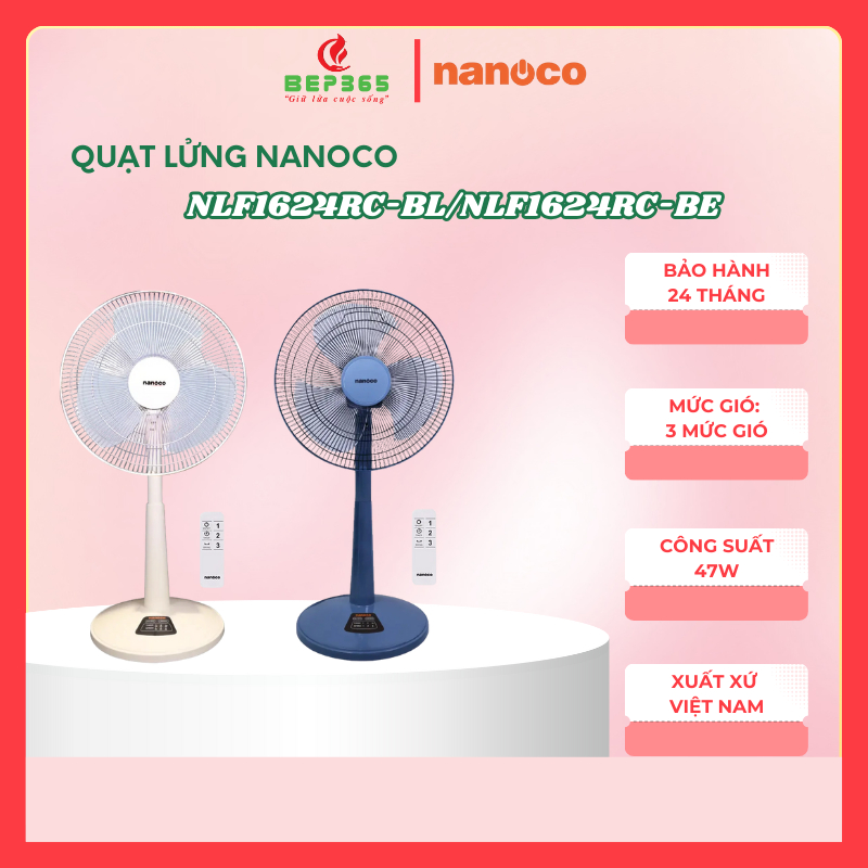 Quạt lửng remote Nanoco NLF1624RC – Công suất 47W – Cánh 40cm – Chiều cao linh hoạt