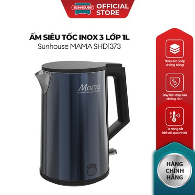Ấm siêu tốc Inox 3 lớp 1L Sunhouse Mama SHD1373 - Thân ấm  3 lớp chống bỏng  - Inox 304 an toàn - Tự động ngắt