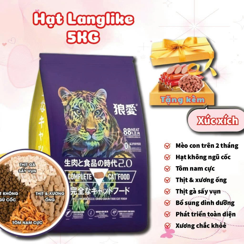 Hạt langlike cho mèo , hạt mèo langlike 5kg siêu topping cho thú cưng tặng kèm xúc xích