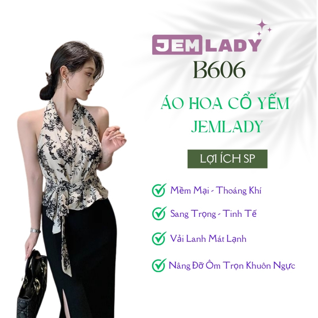 Áo Cổ Yếm Nữ Phối Họa Tiết Hoa Nhí Vải Lanh Mát Lạnh Thoải Mái Tinh Tế Sang Trọng Jemlady - Mã B606