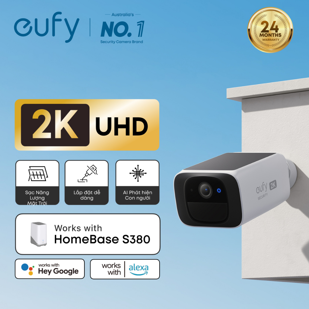 eufy SoloCam S220, Camera An Ninh Ngoài Trời 2K, Solar, Không dây, Không phí tháng, Hỗ trợ HomeBase3