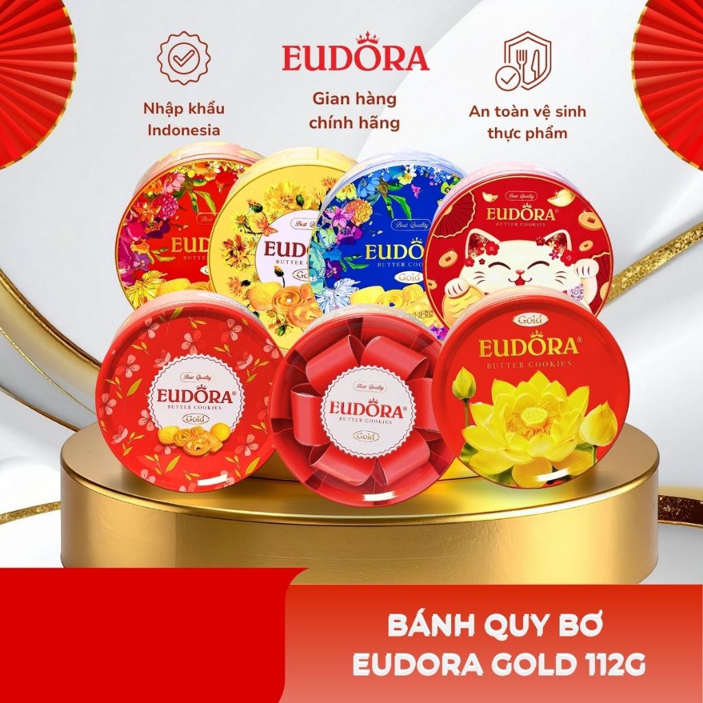 Bánh Quy Bơ Eudora Gold Hộp Thiếc Tròn 112g Nhập Khẩu Indonesia