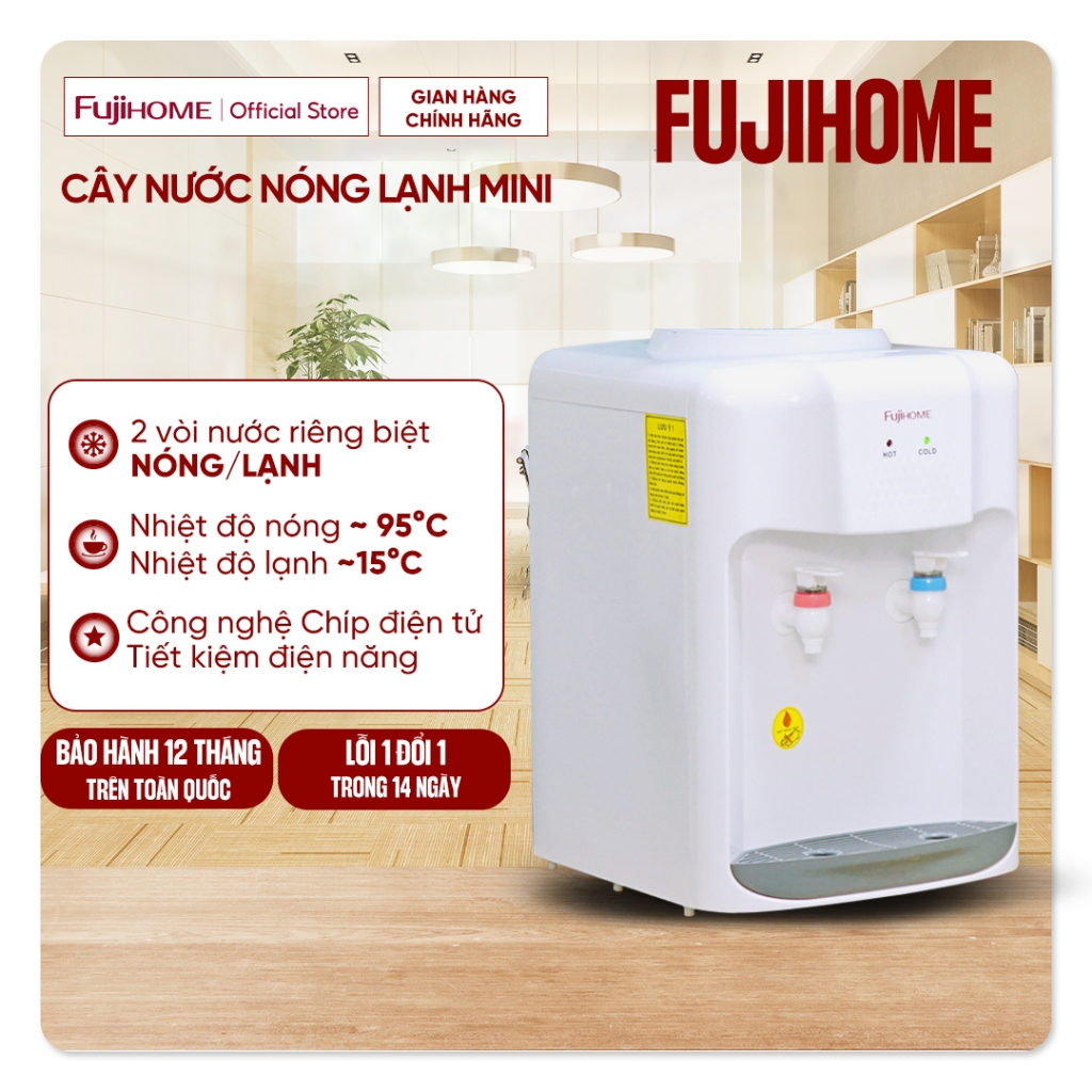 Cây nước nóng lạnh mini để bàn FUJIHOME WD5510E, máy nước uống nóng lạnh 2 vòi an toàn, tự động ngắt tiết kiệm điện