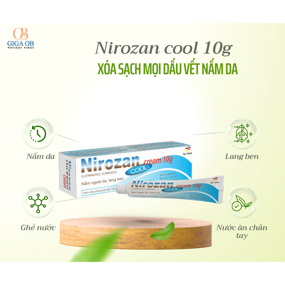 Nirozan cream cool bôi nấm ngoài da, lang ben tuýp 10g GIGA GERMANY