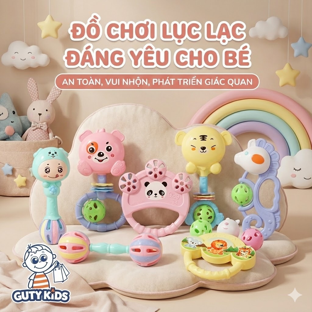 Đồ Chơi Xúc Xắc Lục Lạc Cầm Tay 7 Món Vui Nhộn GutyKids Thiết Kế Góc Cạnh Bo Tròn An Toàn Cho Bé