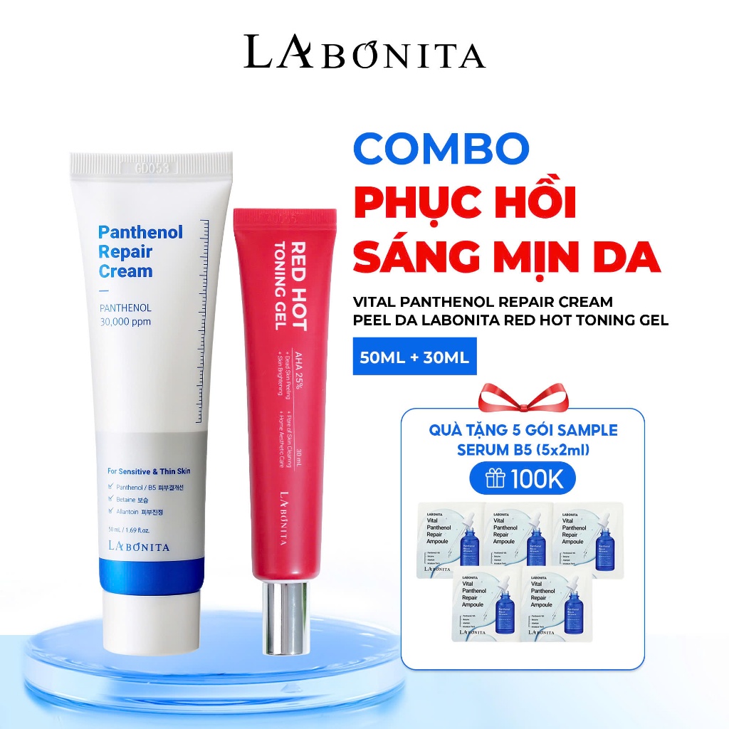 [Tặng 5 Sample Serum B5] COMBO Phục Hồi Sáng Mịn Da - Kem Dưỡng 50ML & Peel da Labonita Red Hot Toni