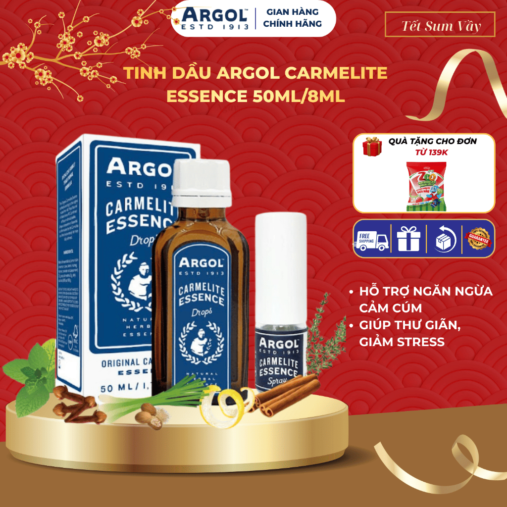 Combo tinh dầu dược liệu xông mũi, họng Argol Carmelite Essence 50ml và 8ml hỗ trợ giảm cảm cúm, giả
