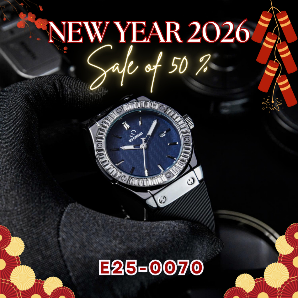 Đồng Hồ Nam - Thương Hiệu ETERNO E25-0070 Viền Đính Đá Khối Dây Cao Su Non Cao Cấp