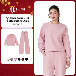  Bộ Quần Áo Nỉ Nam Nữ GUNO Cổ Tròn Logo Thêu Kèm Quần Suông Bộ Thu Đông Cao Cấp 25BG127 BB181 BK225 