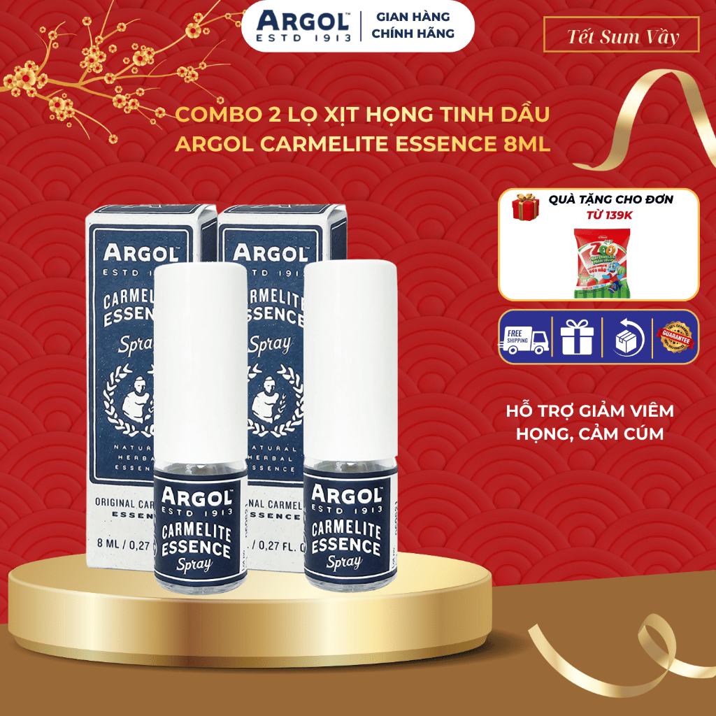 Combo 2 lọ xịt họng tinh dầu dược liệu Argol Carmelite Essence dung tích 8ml hỗ trợ giảm cảm cúm, vi