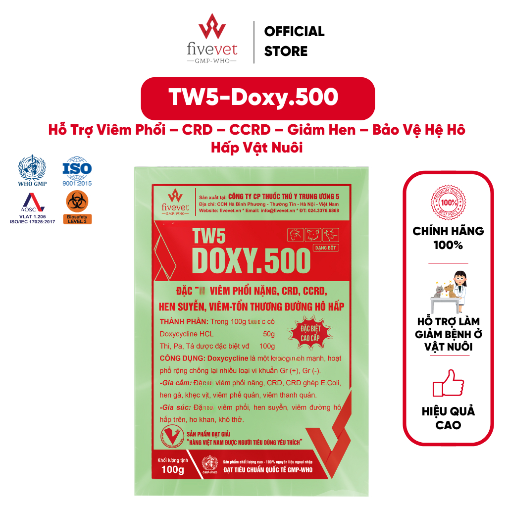 TW5-Doxy.500 Hỗ Trợ Viêm Phổi CRD CCRD Giảm Hen Bảo Vệ Hệ Hô Hấp Vật Nuôi (100G)