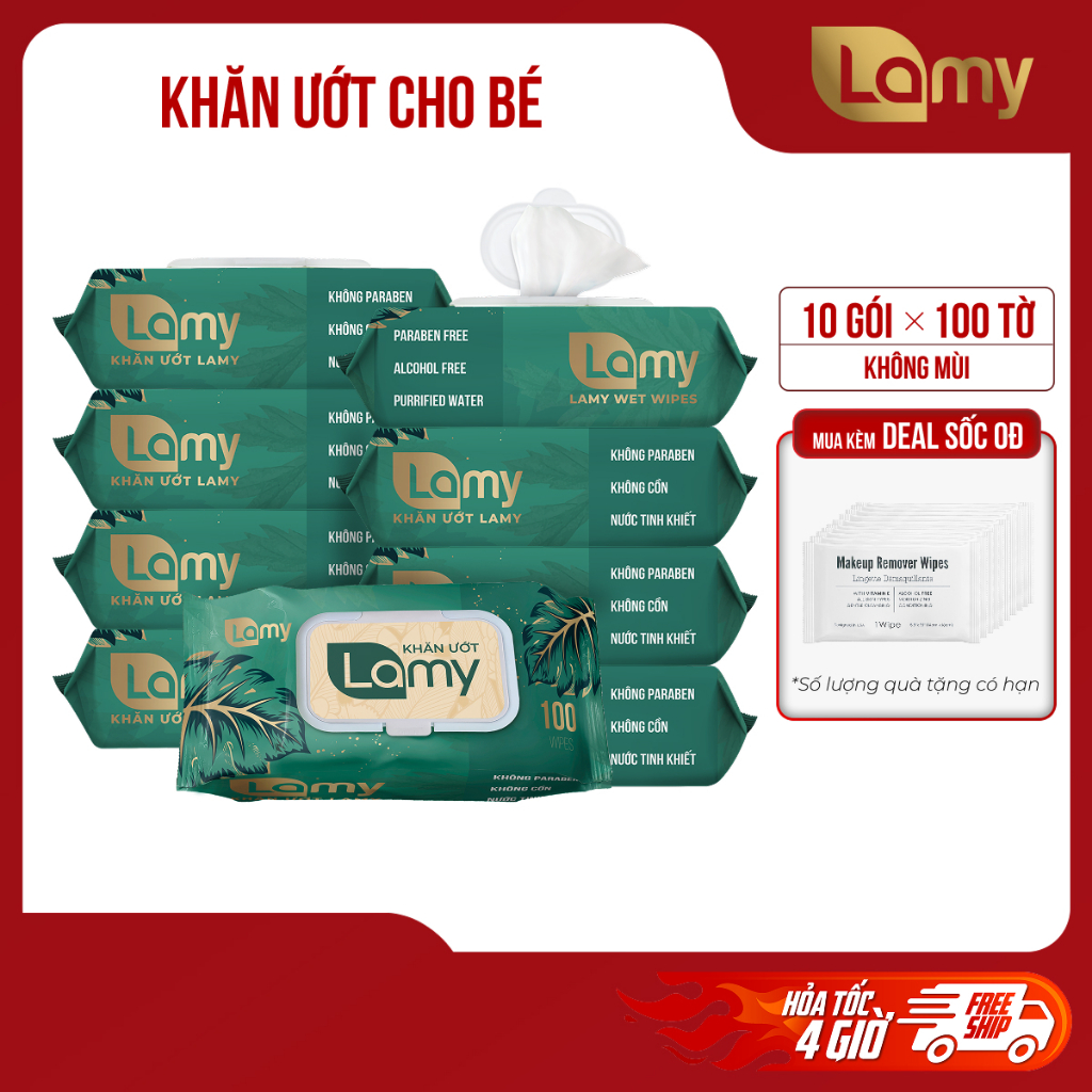 [LAMY OFFICIAL]_Thùng 10 Gói Khăn Ướt Lớn Lamy 100 tờ Không Mùi Cao Cấp An Toàn Cho Da Trẻ Em