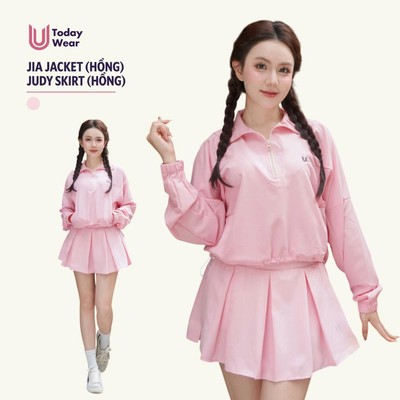 [DEAL MỞ BÁN] Set thể thao nữ áo khoác gió half-zip Jia Jacket phối chân váy Judy hồng Today U Wear