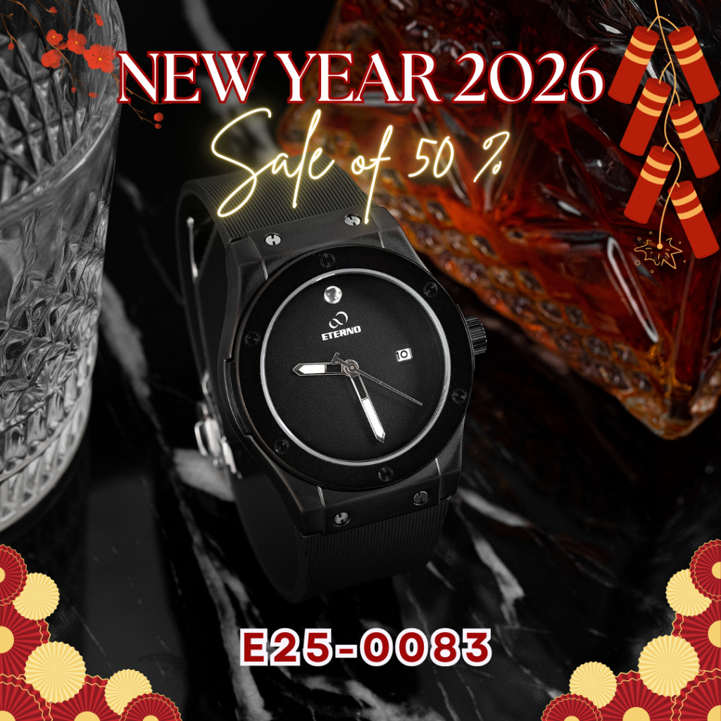 Đồng Hồ Nam - Thương Hiệu ETERNO E25-0083 Dây Cao Su Đen, full đen, Size 40mm
