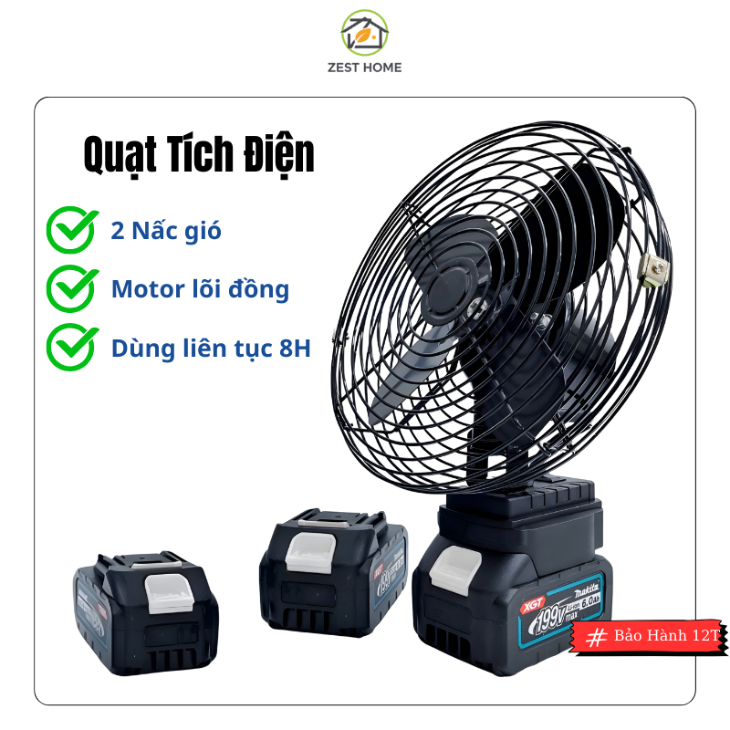 Quạt Tích Điện Makita 10 Cell Pin, Quạt Makita Để Bàn Mini, 2 Cấp Gió, Sạc Dây,Dùng 4–8 Giờ Liên Tục