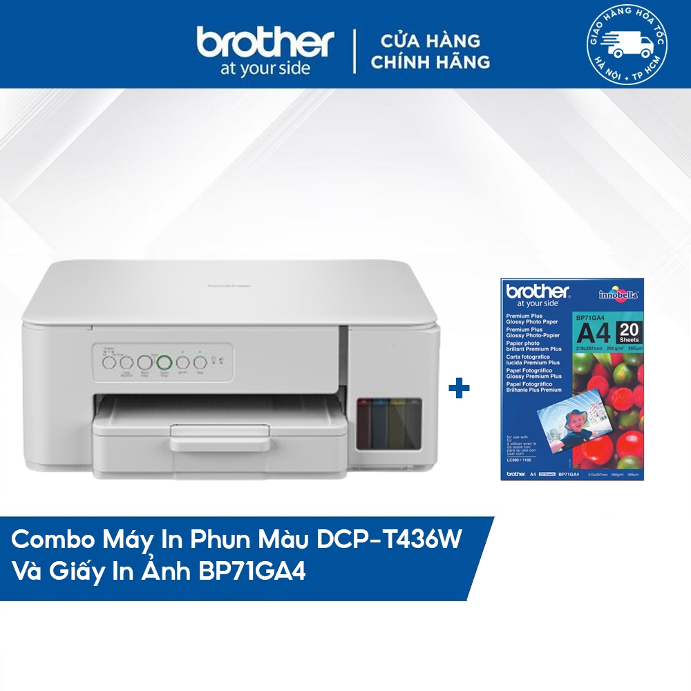 Combo máy in phun màu đa năng Brother DCP-T436W + Giấy in ảnh  BP71GA4