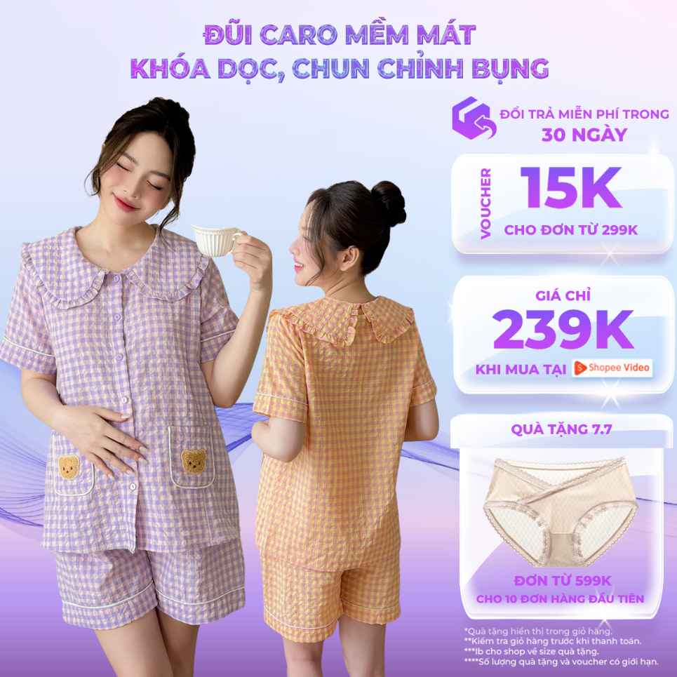 Bộ Bầu Mặc Nhà Joybela Set Đồ Sau Sinh Cho Mẹ Vải Đũi Kẻ Caro Khóa Dọc Cho Con Ti Tiện Lợi - B640