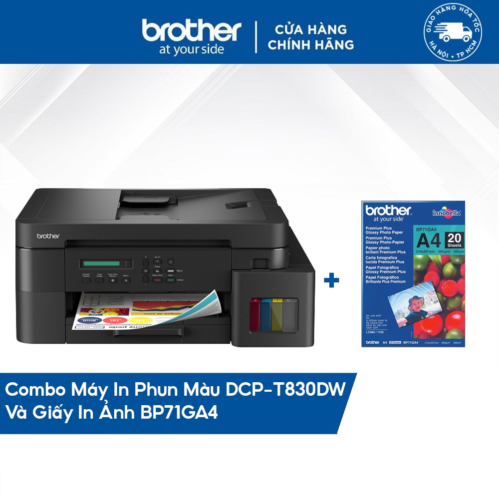 Combo máy in phun màu đa năng Brother DCP-T830DW+ Giấy in ảnh BP71GA4