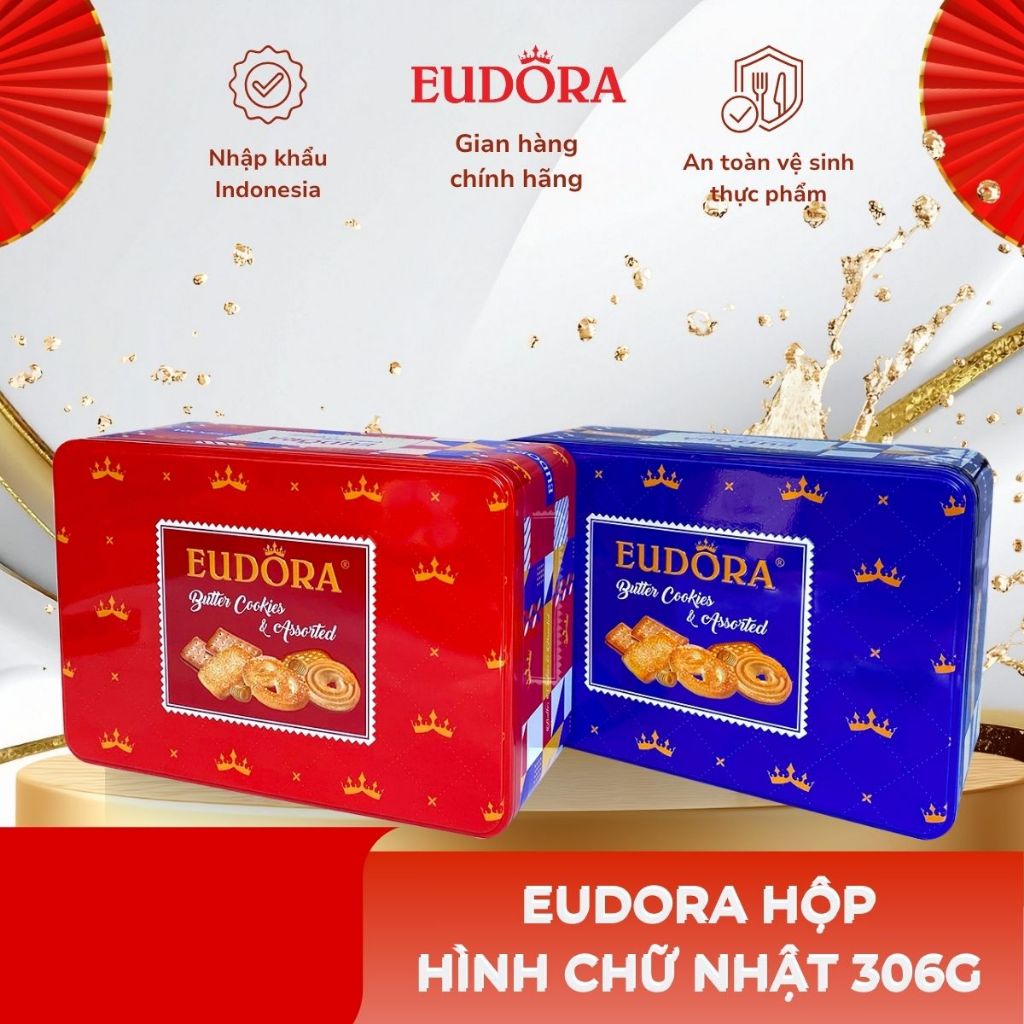 Bánh Quy Eudora Hộp Thiếc chữ nhật 306g Nhập Khẩu Indonesia