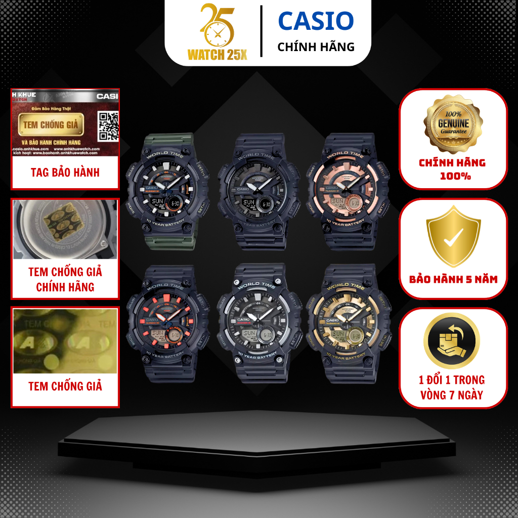 Đồng Hồ Nam Casio Series AEQ-110 Watch25x - Dòng Kim-Số Tông Đen Cam Hiện Đại Đa Chức Năng