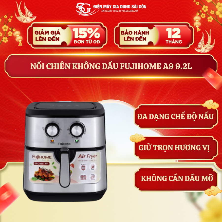 Nồi chiên không dầu Fujihome A9, 9.2 lít, màu đen, công suất 1800W