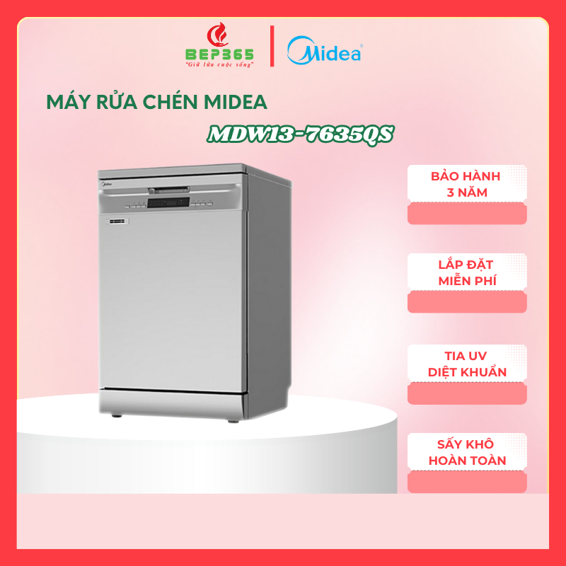 Máy Rửa Bát Midea MDW13-7635QS – Sức chứa 13 Bộ – Sấy Turbo UV Kháng Khuẩn – Tiết Kiệm Điện