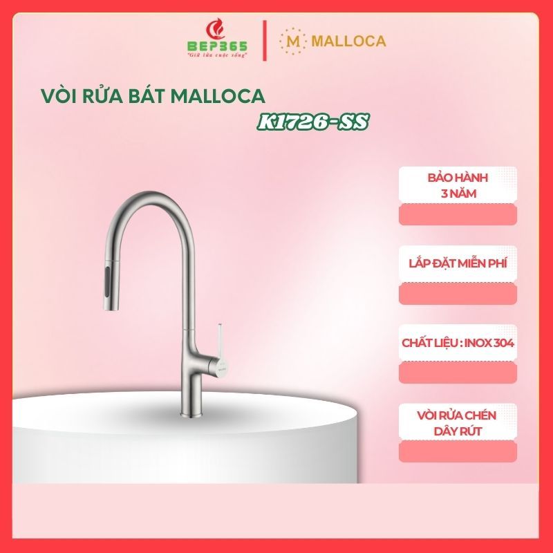 Vòi rửa chén Malloca K1726-SS dây rút, inox 304, nóng lạnh, chống bắn nước tiện lợi