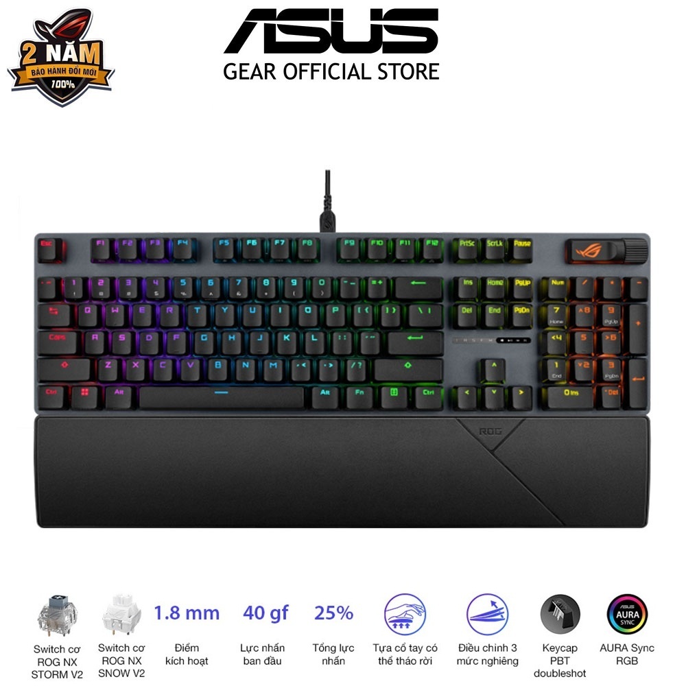 Bàn phím gaming có dây Asus ROG Strix Scope II X, Switch cơ ROG NX V2 có thể Hotswap, Mút giảm âm
