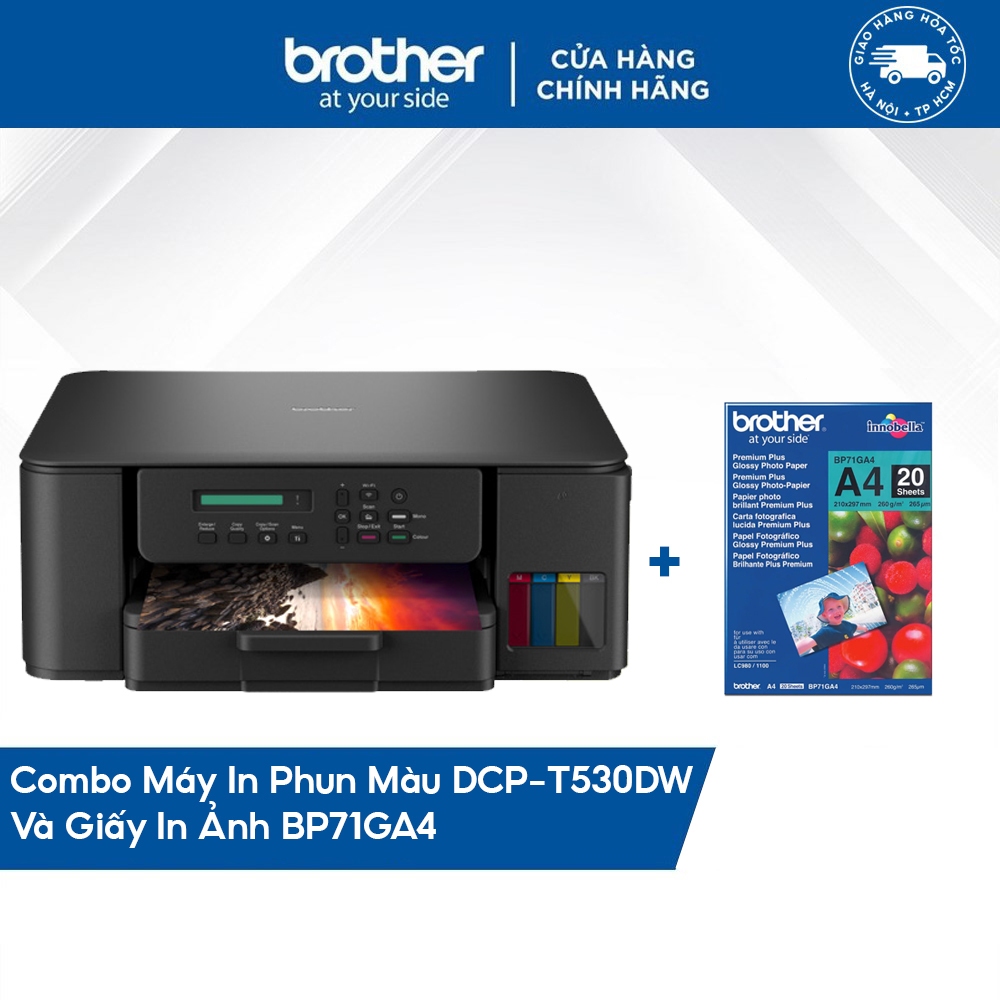 Combo máy in phun màu đa năng Brother DCP-T530DW + Giấy in ảnh BP71GA4
