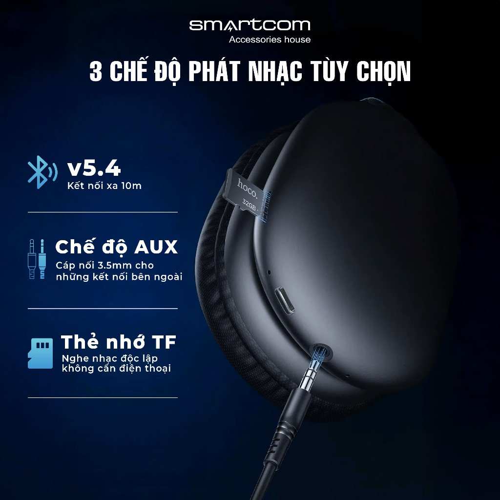 [Tặng bọc tai nghe] Tai nghe chụp tai W55 Plus Hoco pin 90 tiếng bass mạnh có dây đi kèm | BigBuy360 - bigbuy360.vn