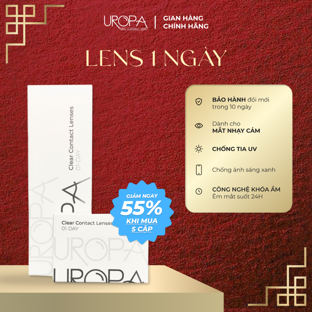 Lens 1 ngày cận trong suốt kính áp tròng UROPA siêu cấp ẩm (từ -1.00 -> -10.00 độ)