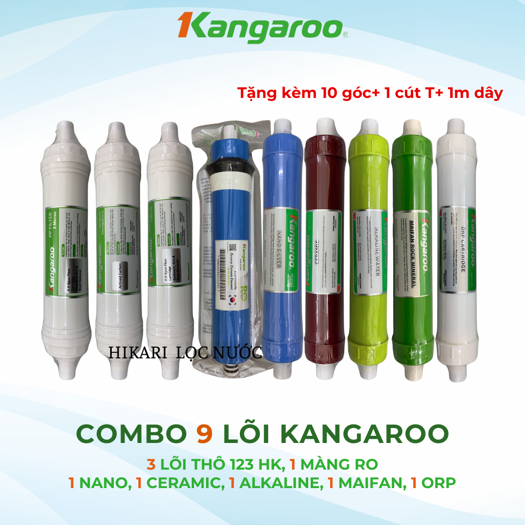 Combo 9 lõi lọc nước Kangaroo bao gồm lõi 123 HK + RO 50GDP + Nano Ceramic Alkalibe Maifan ORP  cho 