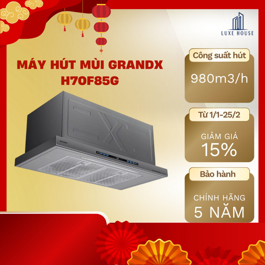 Máy hút mùi nhà bếp GrandX H70F85G / H70F85B - Động cơ BLDC - Lắp đặt tại nhà - Bảo chính hãng 3 năm