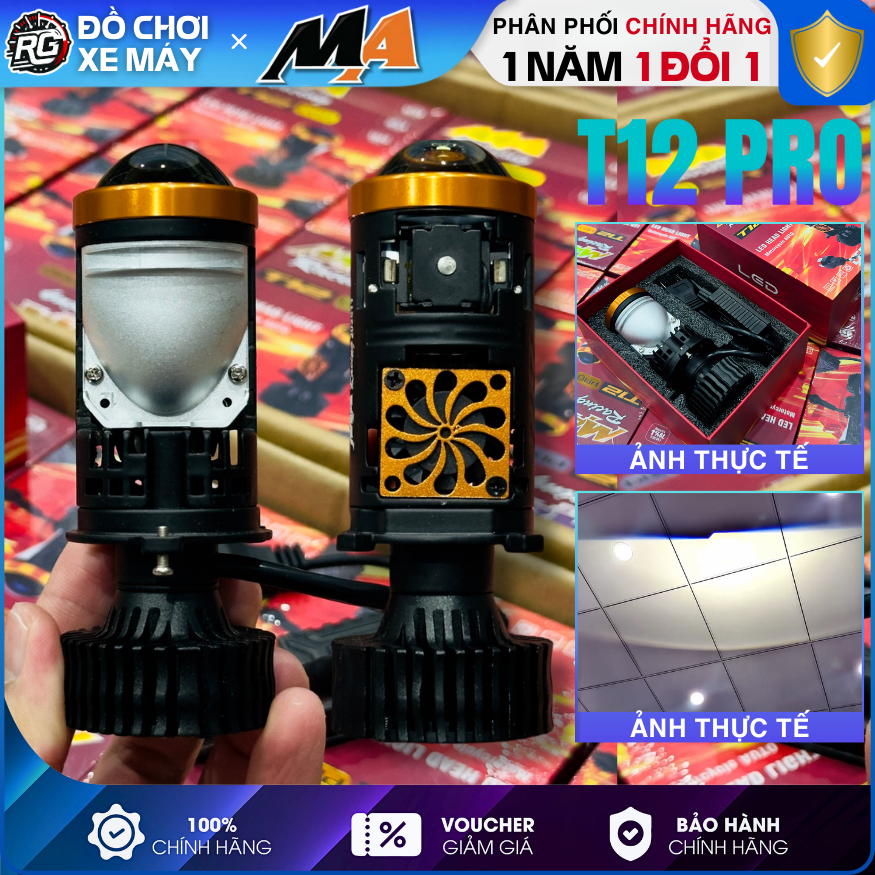 Đèn Bi Cầu Mini T12 Pro Ma Racing, Đèn Led Chân H4 T12 Pro Siêu Sáng, 2 Quạt Tản Nhiệt, Tâm Trợ Pha