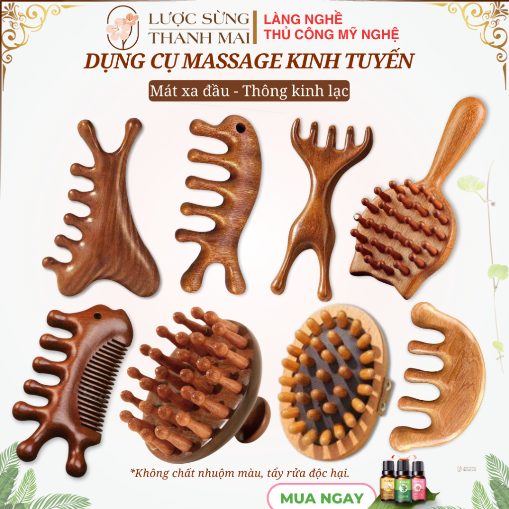 Lược massage kinh tuyến gỗ đàn hương, lược mát xa đầu-cổ vai gáy thư giãn giảm stress | THANH MAI