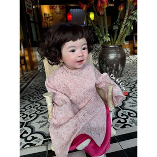 Set áo dài đôi mẹ bé, Áo dài Đào Nhi vải lụa họa tiết hoa văn nổi LIULO