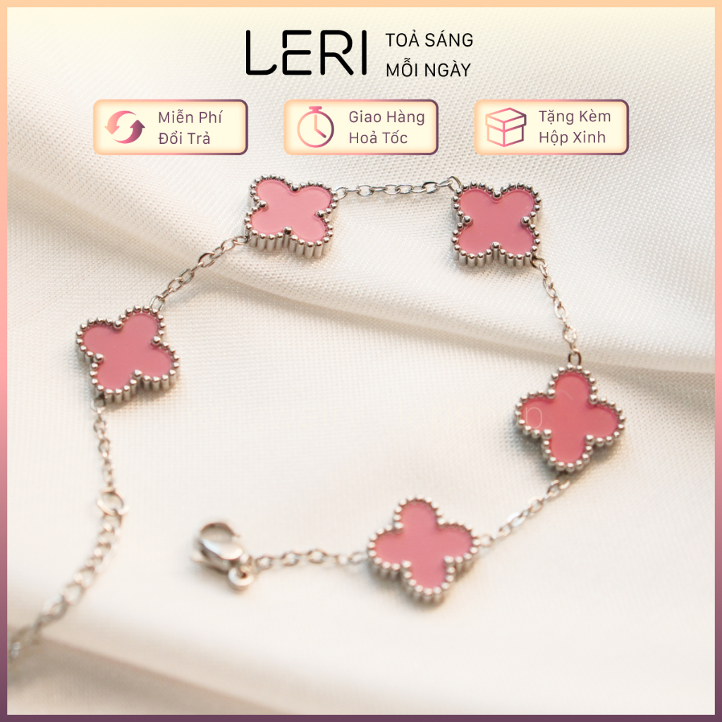 Vòng tay bạc nữ cỏ 4 lá hồng, lắc tay bạc nữ cỏ 4 lá hồng thời trang, tiểu thư, thép titan không đen