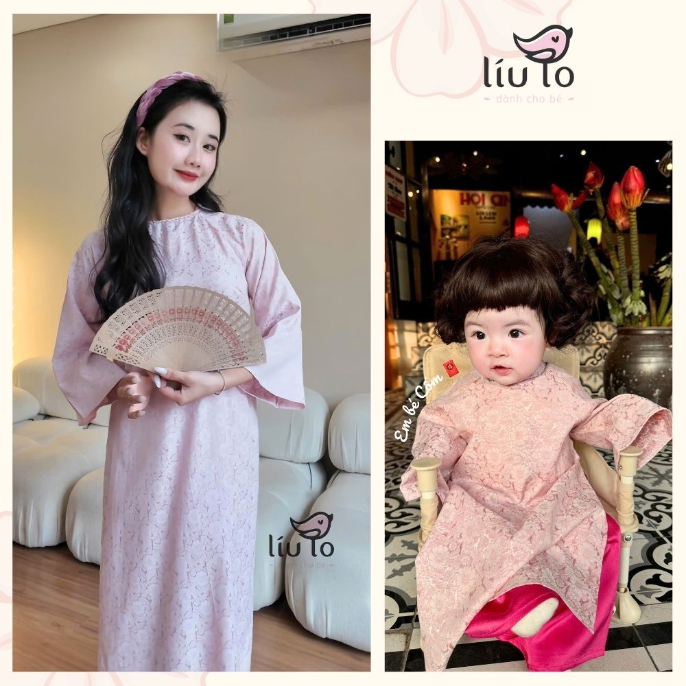 Set áo dài đôi mẹ bé, Áo dài Đào Nhi vải lụa họa tiết hoa văn nổi LIULO