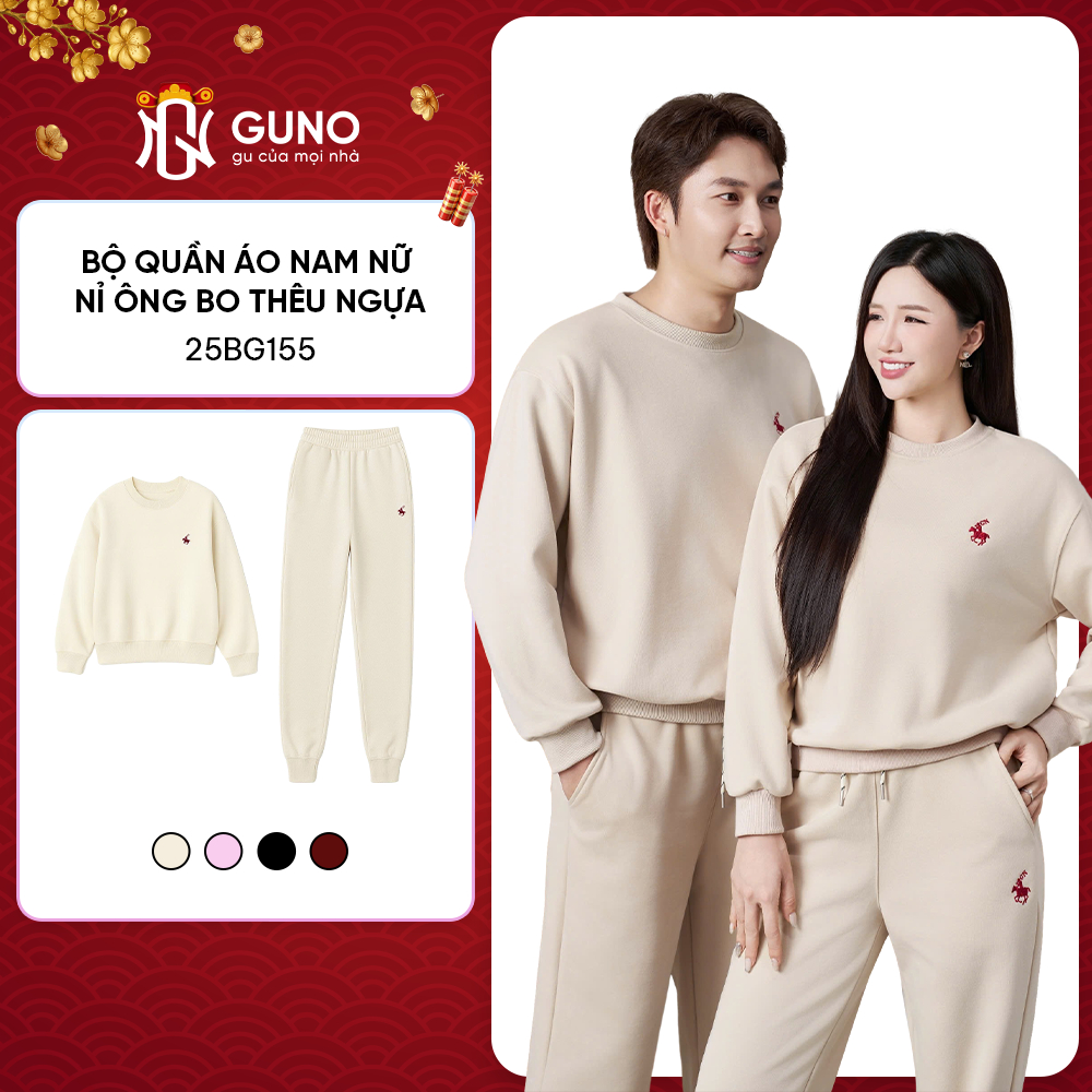  Bộ Quần Áo Nỉ Nam Nữ GUNO Cổ Tròn Thêu Ngựa Quần Bo Gấu Set Bộ Thu Đông Thời Trang SP5 25BG155 BB177 