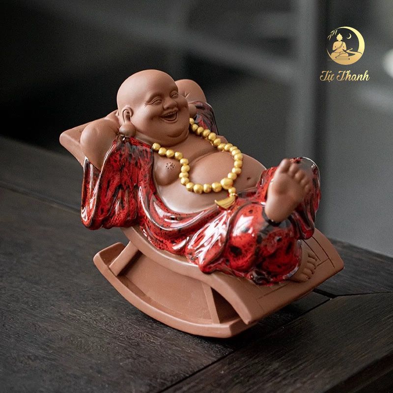 Tượng Di Lặc Nằm Ghế Đung Đưa Gốm Tử Sa Cao Cấp Màu Đỏ