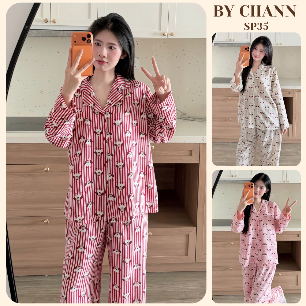 Bộ Đồ Ngủ Pyjama BY CHANN (SP35) họa tiết dễ thương áo dài quần dài, chất liệu đũi mềm có bigsize đế